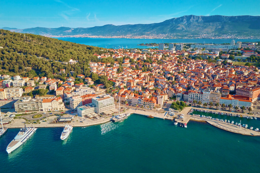Aerial view of Split, Croatia's old town, harbor, and coastline